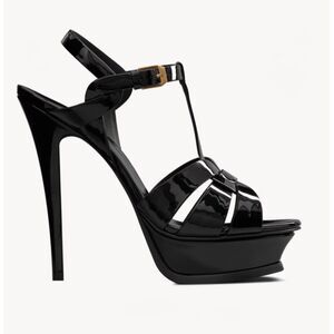 YSL SAINT LAURENT Tribute Sandals Black Patent Leather, Platform, Sz 38